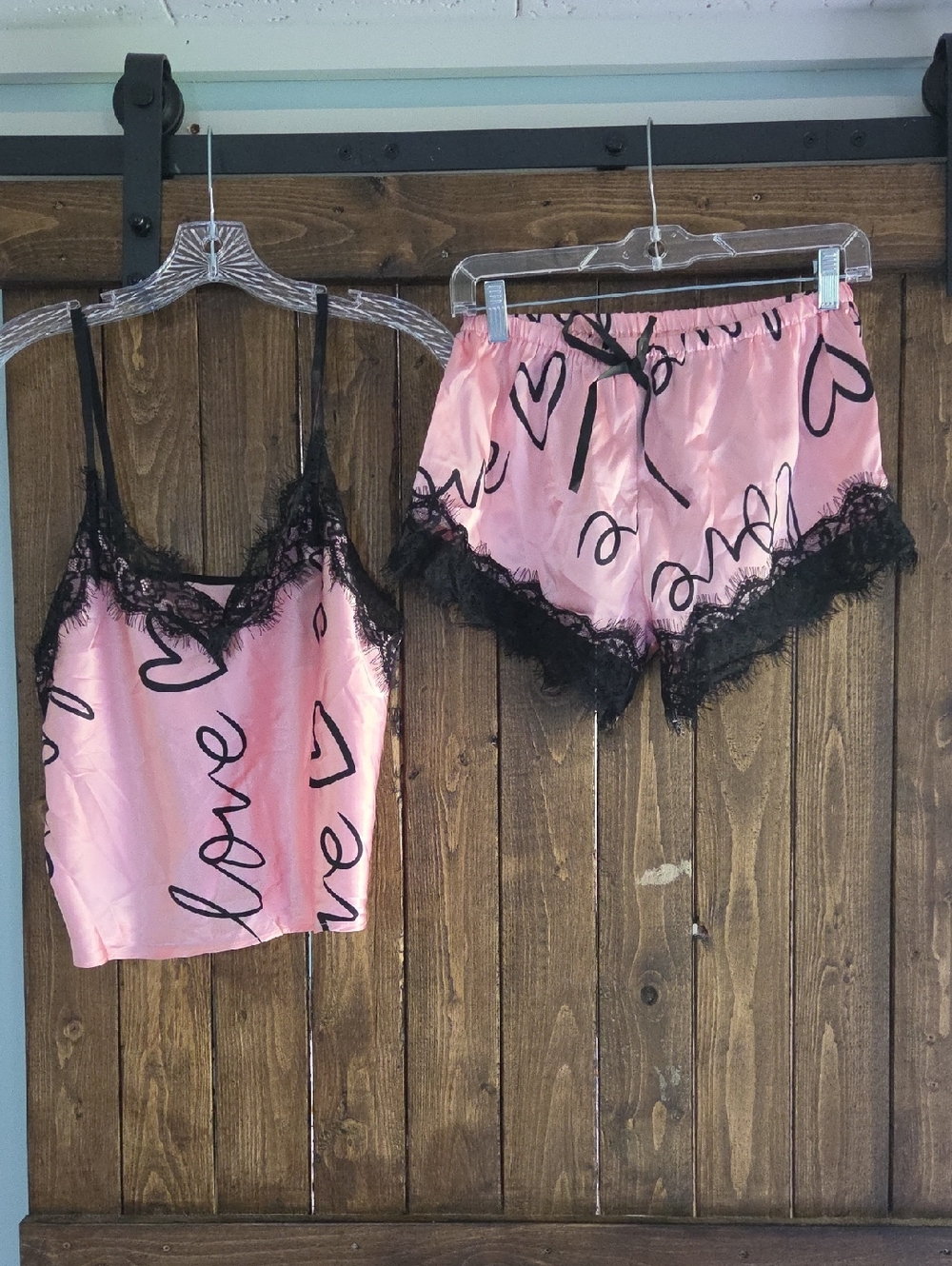 Pink Satin Lace-Trim Cami & Short Sleep Set